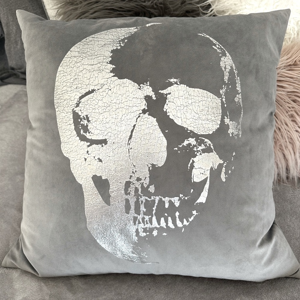 Excellent condition Dormify grey velvet throw pillow with silver skull detail.